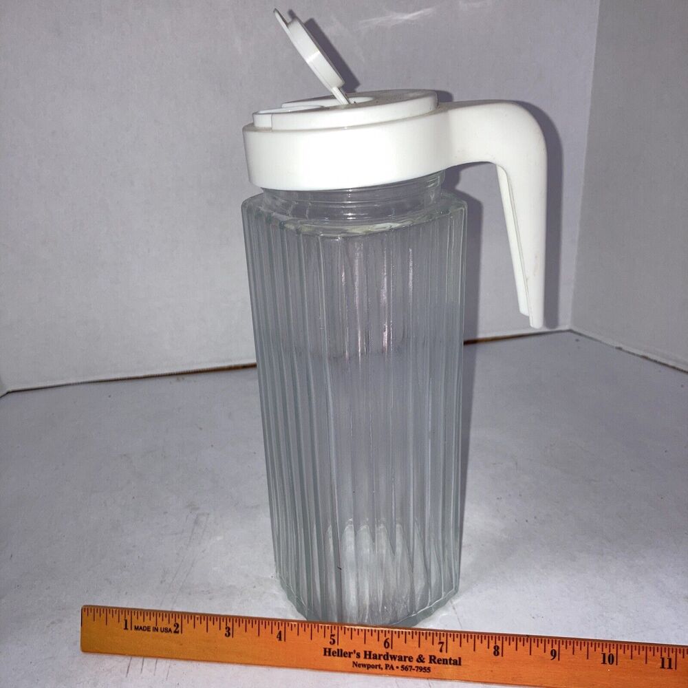KIG Malaysia Glass Beverage Pitcher Jug White Plastic Lid/Handle Ribbed Glass